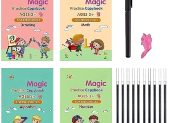 Magic Practice Copy book set For Kids set of (4 book +1 pen +10 Refill) Copy book set for better hand writing Gift